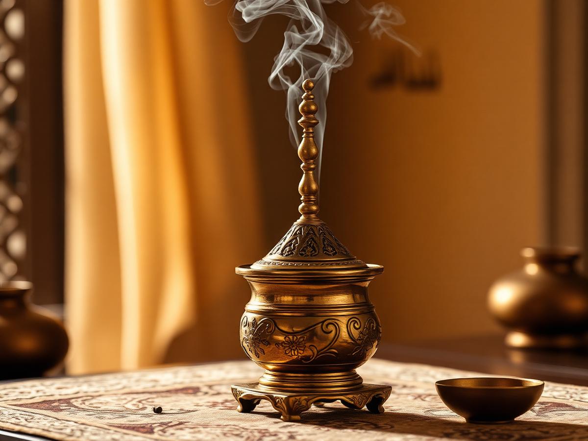 A traditional brass mabkhara with bakhoor smoke rising