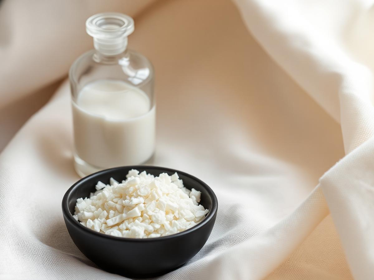 White musk grains in a dark bowl beside a fragrance bottle