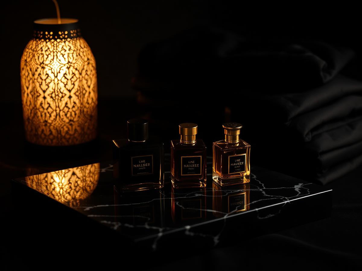 Dark perfume bottles on a black marble tray in low golden light