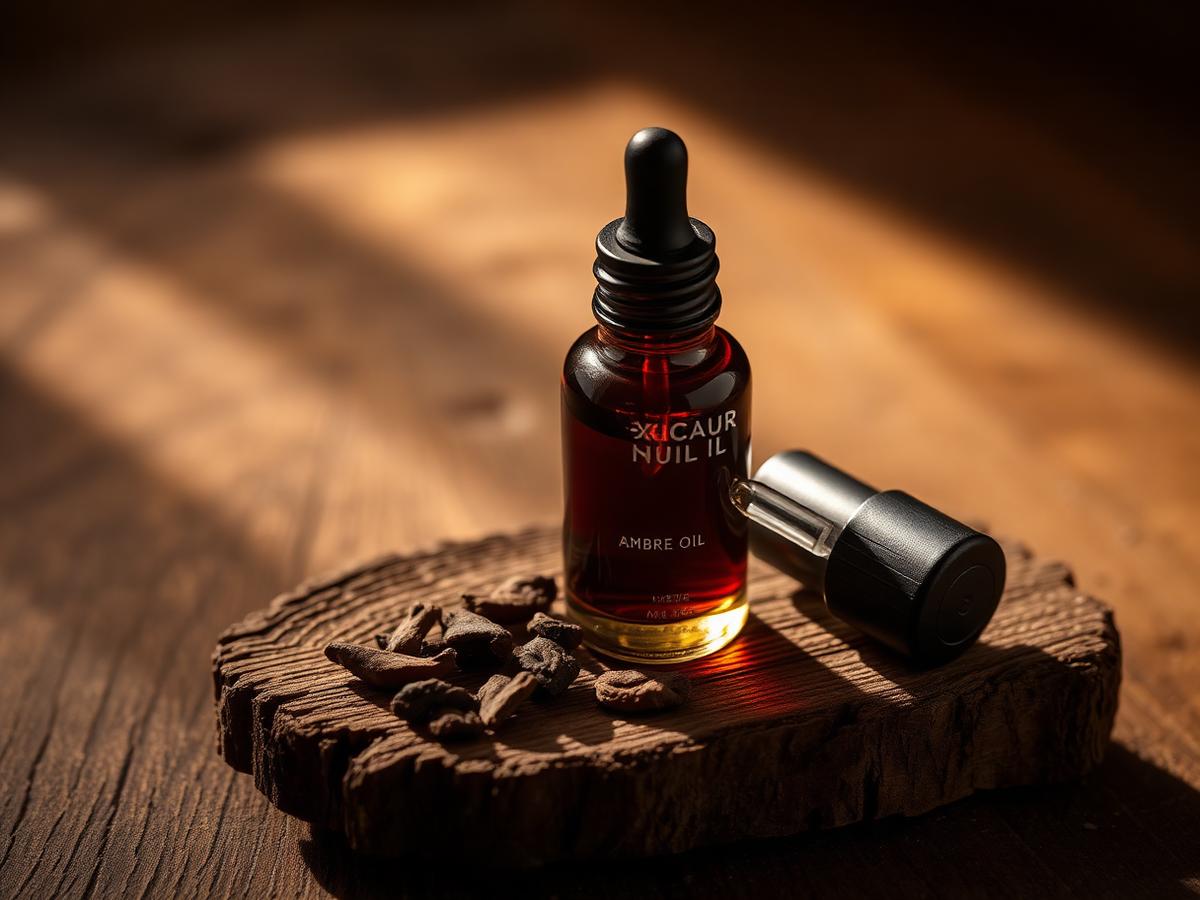 A vial of oud oil beside agarwood chips on a wooden table