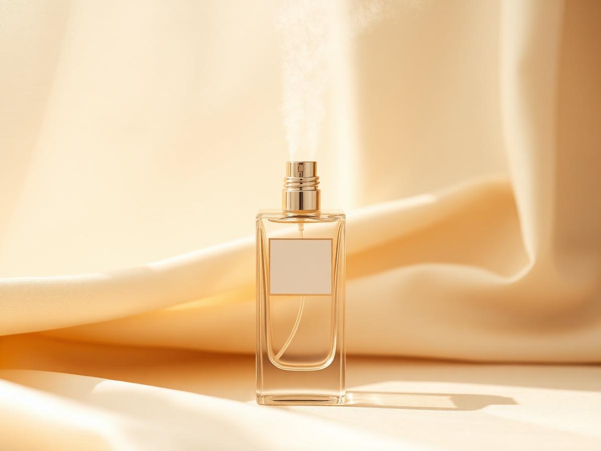 An elegant perfume bottle spraying a fine mist over ivory silk